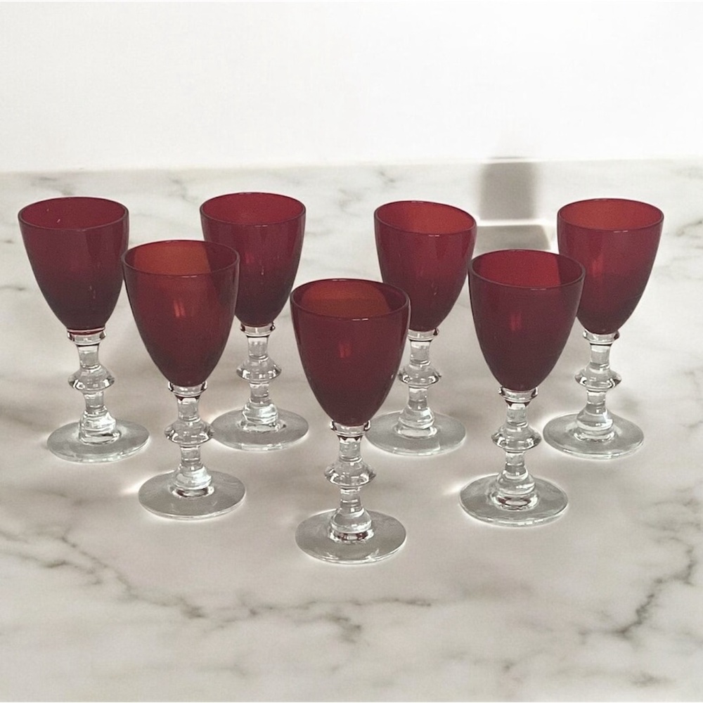 Morgantown Radiant Red #7685  4” Cordial/Sherry 2 oz glasses. Set of 7. Vintage